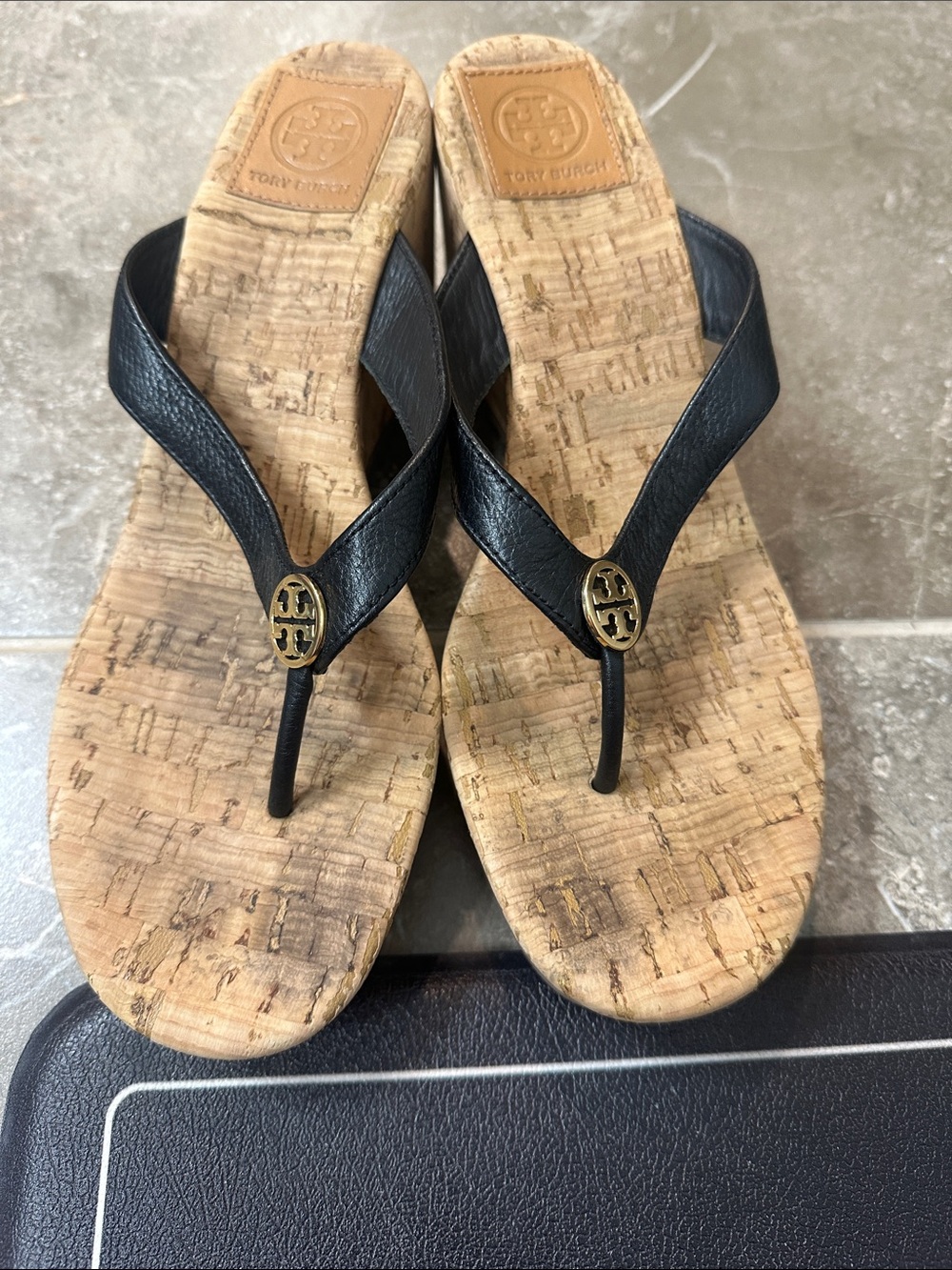 Tory Burch Black Leather Cork Wedge Thong Sandals - Picture 7 of 7